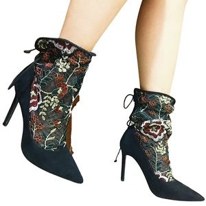 ZARA Black Floral Embroidery Sock Heels